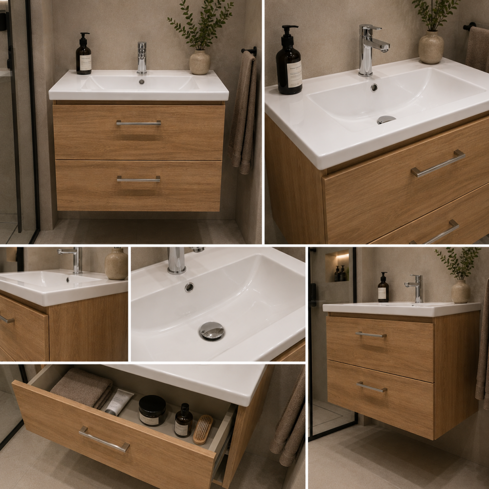 Set Mobilier CELO pentru Baie, Dulap Lavoar, 2 Sertare, Alb si Maro [2]