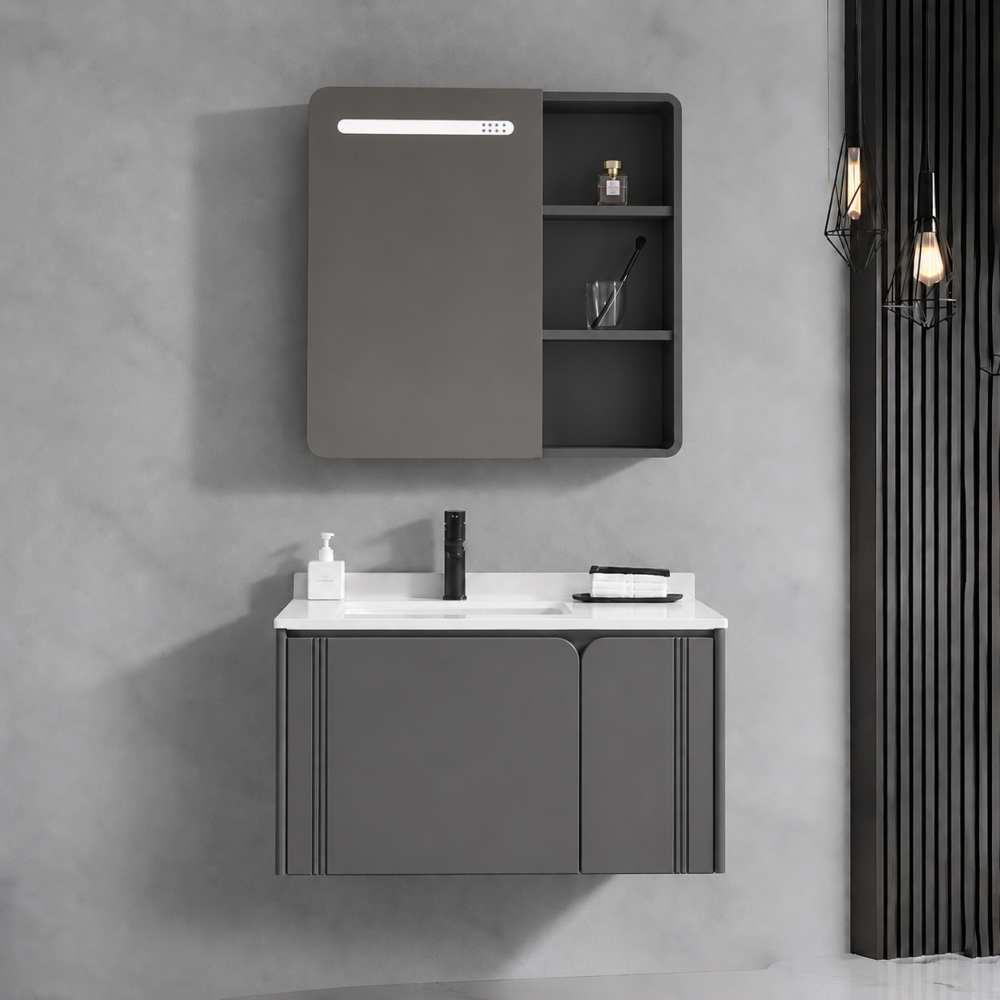 Set Mobilier ORIA pentru Baie, Dulap Lavoar+Dulap Oglinda 80cm, 3 Piese, Gri si Alb [2]