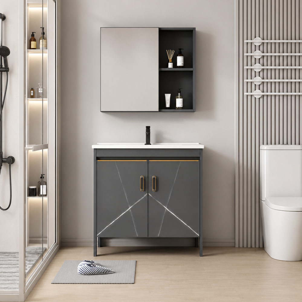 Set Mobilier SIENA pentru Baie ,Dulap Lavoar+Dulap Oglinda 100cm, 2 Piese, Gri si Negru [2]
