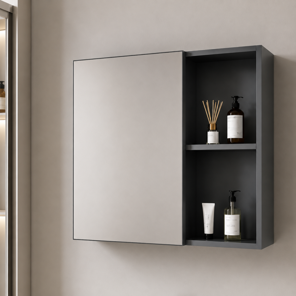 Set Mobilier SIENA pentru Baie ,Dulap Lavoar+Dulap Oglinda 100cm, 2 Piese, Gri si Negru [3]