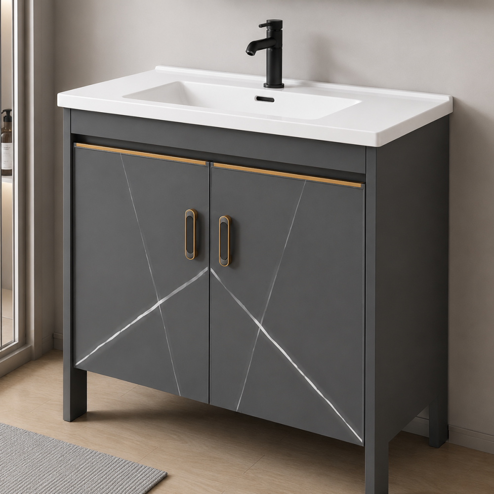 Set Mobilier SIENA pentru Baie ,Dulap Lavoar+Dulap Oglinda 100cm, 2 Piese, Gri si Negru [4]