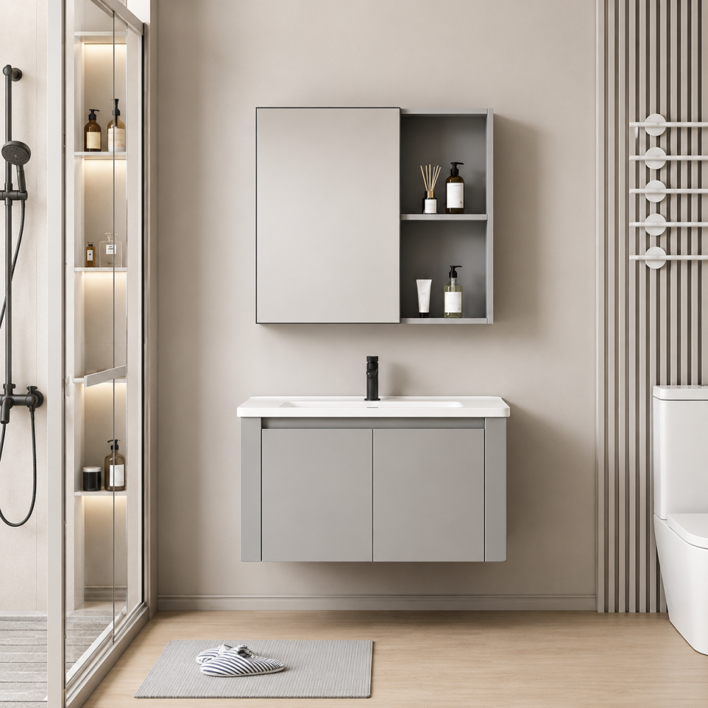 Set Mobilier TIVOLI pentru Baie , Dulap Lavoar+Dulap Oglinda 60cm, 2 Piese, Gri si Alb [2]