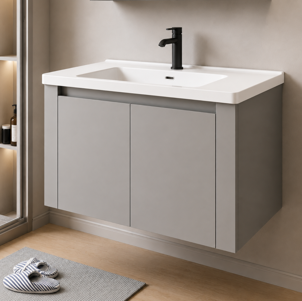 Set Mobilier TIVOLI pentru Baie , Dulap Lavoar+Dulap Oglinda 60cm, 2 Piese, Gri si Alb [4]