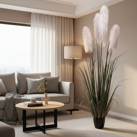 Decoratiuni Sarbatori & Sezoniere - Aranjament decorativ cu 4 fire, Stuf artificial in ghiveci, 200cm, Verde, Gri
