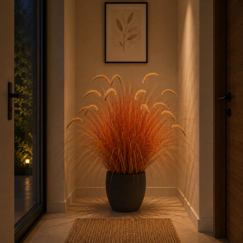 Aranjament Floral, 100cm, Iarba curbata si Spice, Tip "coada de vulpe", Plastic, Galben si Portocaliu [1]
