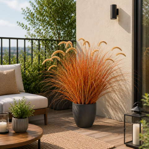 Decoratiuni Sarbatori & Sezoniere - Aranjament Floral, 100cm, Iarba curbata si Spice, Tip "coada de vulpe", Plastic, Galben si Portocaliu