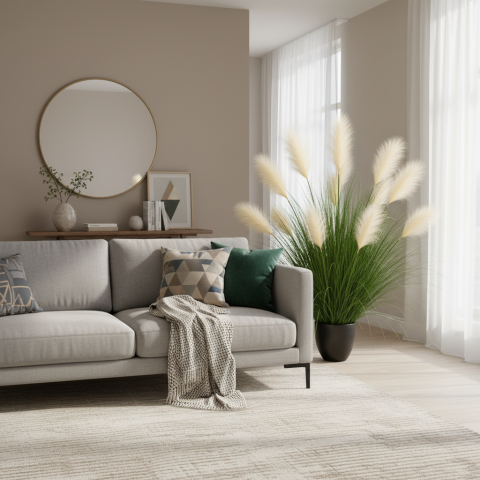Decoratiuni Sarbatori & Sezoniere - Aranjament in ghiveci, 9 tulpini, 110 cm, Stuf, Plastic si Material textil, Verde