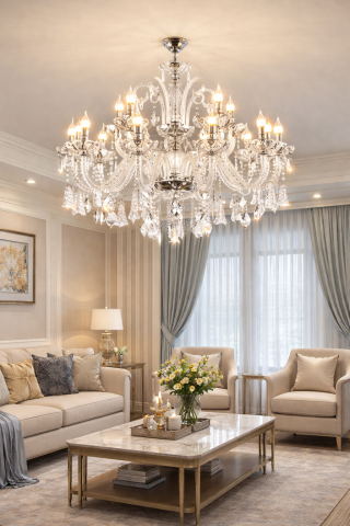 Candelabru Cristal 15xE14, D95cm, Argintiu, Inaltime Reglabila, Metal si Cristal [1]