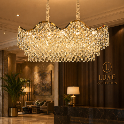 Lampi, Aplice si Corpuri de iluminat Smart - Candelabru Cristal 16xE14 VELOURA Supremo Reale, 120x35 cm, Auriu, Inaltime Reglabila, Metal si Cristal