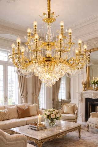 Candelabru Cristal 19xE14, D95cm, Auriu Lucios, Inaltime Reglabila, Metal si Cristal [1]