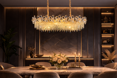 Lampi, Aplice si Corpuri de iluminat Smart - Candelabru Cristal 20xE14, BLOSSOM Imperio 100x40cm, Auriu Lucios, Inaltime Reglabila, Metal si Cristal