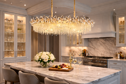 Candelabru Cristal 20xE14, BLOSSOM Imperio 100x40cm, Auriu Lucios, Inaltime Reglabila, Metal si Cristal [1]