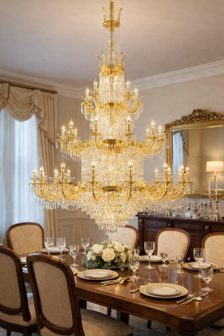 Candelabru Cristal , 54xE14, Diametru 150cm, Inaltime 230cm, Auriu Lucios, Inaltime Reglabila, Design Elegant [1]
