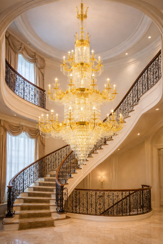 Lampi, Aplice si Corpuri de iluminat Smart - Candelabru Cristal , 54xE14, Diametru 150cm, Inaltime 230cm, Auriu Lucios, Inaltime Reglabila, Design Elegant