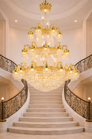 Lampi, Aplice si Corpuri de iluminat Smart - Candelabru Cristal , 61xE14, Diametru 150cm, Inaltime 200cm, Auriu Lucios, Inaltime Reglabila, Design Elegant
