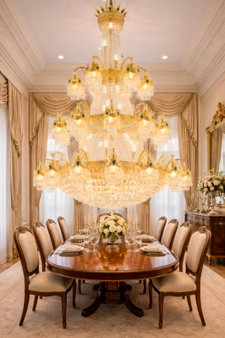 Candelabru Cristal , 61xE14, Diametru 150cm, Inaltime 200cm, Auriu Lucios, Inaltime Reglabila, Design Elegant [2]