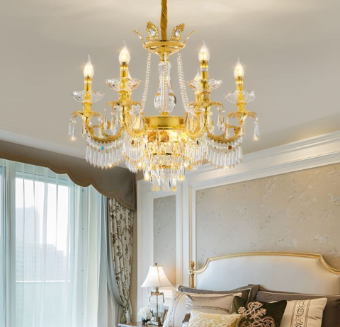 Lampi, Aplice si Corpuri de iluminat Smart - Candelabru Cristal 9xE14, D68cm, Auriu Lucios, Inaltime Reglabila, Metal si Cristal