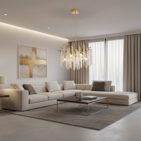 Iluminat Smart Home - Candelabru Cristal ARBUS Eleganza, Φ50cm, 6xE14, Auriu, Metal si Cristal