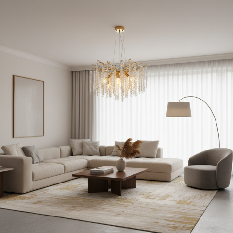 Iluminat Smart Home - Candelabru Cristal ARBUS Magno, Φ60cm, 8xE14, Auriu, Metal si Cristal
