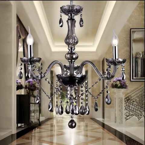 Candelabre LED Cristal Moderne - Candelabru Cristal AUGUST Eleganza, 3xE14, Diametru 48cm, Negru, Inaltime Reglabila