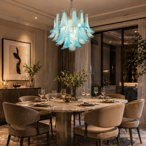 Lampi, Aplice si Corpuri de iluminat Smart - Candelabru Cristal AZURE Eleganza 4xE14, D50 cm, Albastru, Inaltime Reglabila, Metal si Cristal