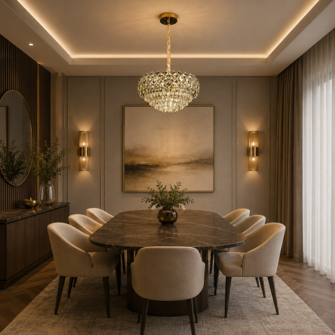 Candelabru Cristal BANO Eleganza, 60W, 7xE14, Lumina Rece/Calda/Neutra, Inaltime Reglabila, Metal si Cristal, Auriu [2]
