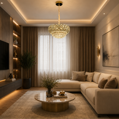 Lampi, Aplice si Corpuri de iluminat Smart - Candelabru Cristal BANO Eleganza, 60W, 7xE14, Lumina Rece/Calda/Neutra, Inaltime Reglabila, Metal si Cristal, Auriu