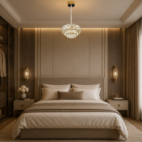 Lampi, Aplice si Corpuri de iluminat Smart - Candelabru Cristal BANO Nobile, 24W, 4xE14, Lumina Rece/Calda/Neutra, Inaltime Reglabila, Metal si Cristal, Auriu