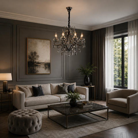 Lampi, Aplice si Corpuri de iluminat Smart - Candelabru Cristal BARO Magno, Φ70cm, 6xE14, Inaltime Reglabila, Metal si Cristal, Negru