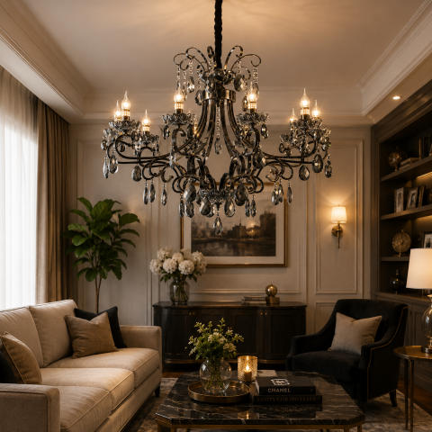 Candelabru Cristal BARO Supremo, Φ92cm, 10xE14, Inaltime Reglabila, Metal si Cristal, Negru [2]