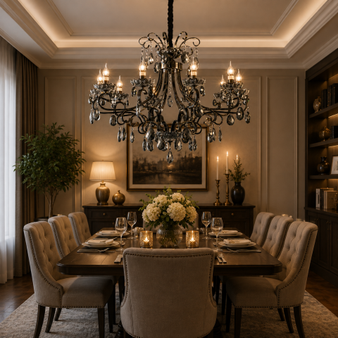 Lampi, Aplice si Corpuri de iluminat Smart - Candelabru Cristal BARO Supremo, Φ92cm, 10xE14, Inaltime Reglabila, Metal si Cristal, Negru
