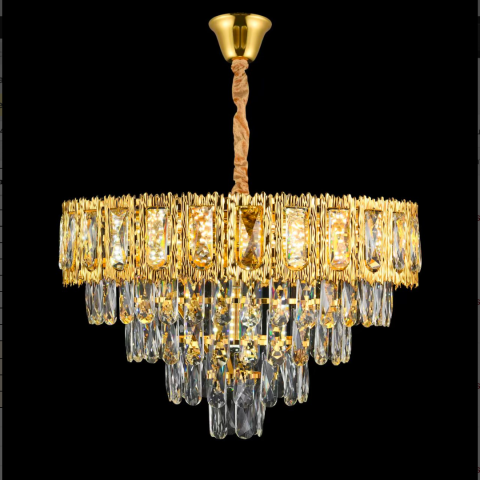 Candelabre LED Cristal Moderne - Candelabru Cristal BELVEDERE Eleganza 8xE14, Diametru 50cm, Auriu Lucios, Inaltime Reglabila
