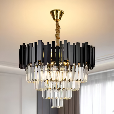 Candelabre LED Cristal Moderne - Candelabru Cristal BLOIS Nobile 5xE14, Diametru 40cm, Negru, Inaltime Reglabila