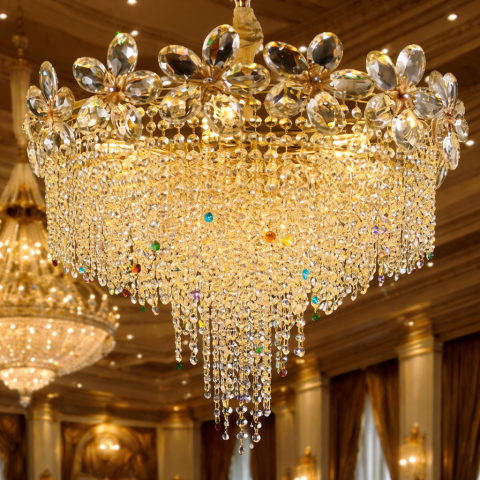 Lampi, Aplice si Corpuri de iluminat Smart - Candelabru Cristal BLOSSOM Magno,8xE14, 60cm, Auriu Lucios, Inaltime Reglabila, Metal si Cristal