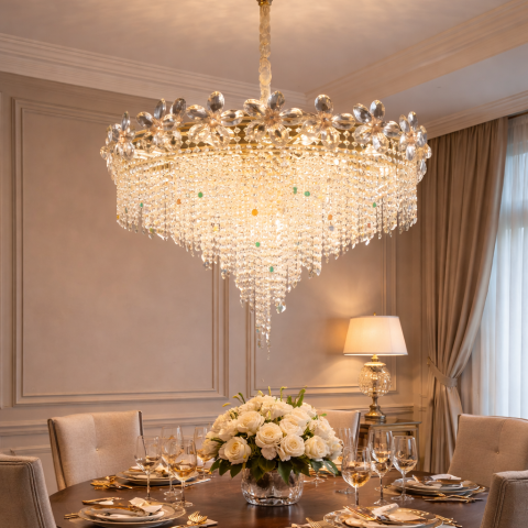 Candelabru Cristal BLOSSOM Regalis, 14xE14, 80cm, Auriu Lucios, Inaltime Reglabila, Metal si Cristal [1]
