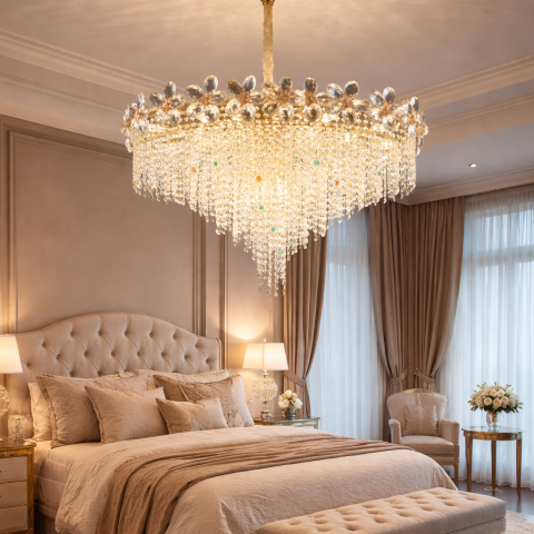Lampi, Aplice si Corpuri de iluminat Smart - Candelabru Cristal BLOSSOM Regalis, 14xE14, 80cm, Auriu Lucios, Inaltime Reglabila, Metal si Cristal
