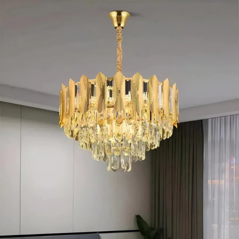 Lampi, Aplice si Corpuri de iluminat Smart - Candelabru Cristal BUCKINGHAM Eleganza 8x E14, Diametru 49cm, Auriu Lucios, Inaltime Reglabila