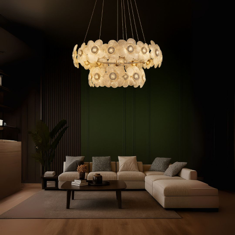 Candelabre LED Cristal Moderne - Candelabru Cristal Cadenza Largo, Diametru 76cm, 132W, 3000K4000K6000K, Inaltime reglabila, Auriu