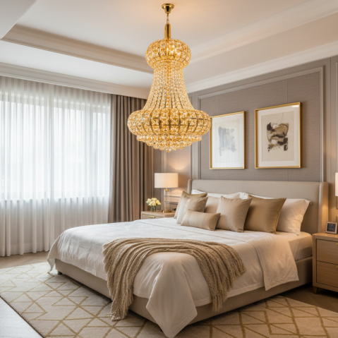 Candelabre LED Cristal Moderne - Candelabru Cristal CASTRUM Nobile 5xE14, D40 cm, Auriu, Inaltime Reglabila, Metal si Cristal