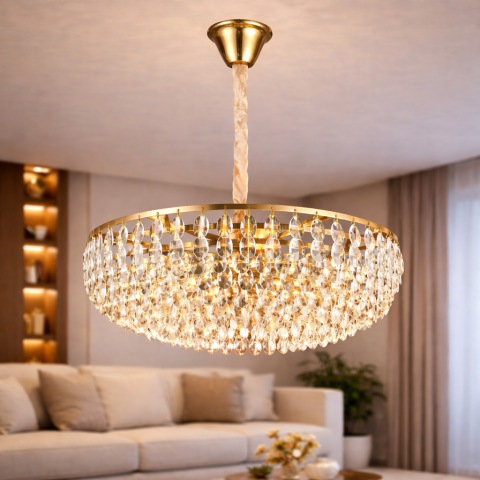Candelabre LED Cristal Moderne - Candelabru Cristal CC1677/500GD, 9xE14, Auriu Lucios, Inaltime Reglabila, Metal si Cristal
