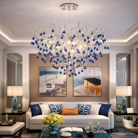 Candelabre LED Cristal Moderne - Candelabru Cristal CC335/600CH, 9x G9, Crom si Cristale Albastre, 60cm, Inaltime Reglabila