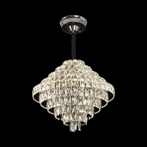 Candelabre LED Cristal Moderne - Candelabru Cristal CC639/500, 12x E14, Diametru 50cm, Crom Lucios, Inaltime Reglabila