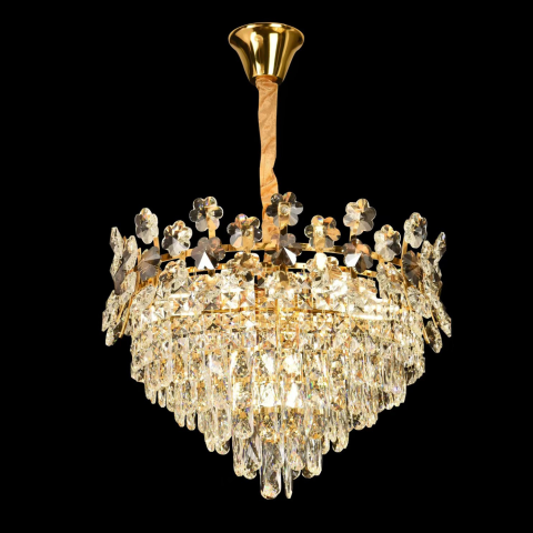 Candelabre LED Cristal Moderne - Candelabru Cristal CC6705/500GD 9x E14, Diametru 50cm, Auriu Lucios, Inaltime Reglabila