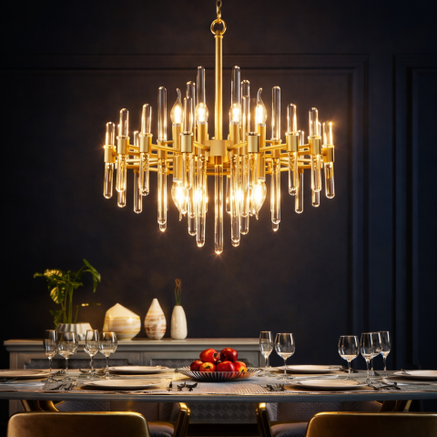Candelabre LED Cristal Moderne - Candelabru Cristal CC850/480GD ,6xE14, 48X45cm, Inaltime Reglabila, Auriu Lucios, Inaltime Reglabila, Design Elegant, Metal si Cristal
