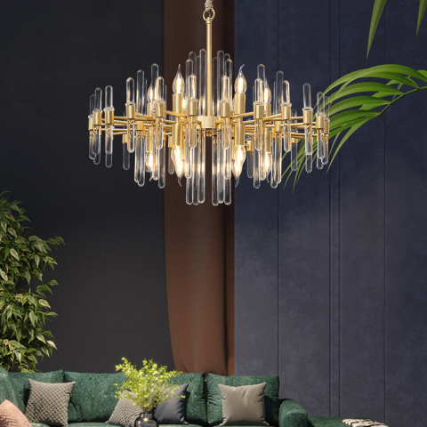 Candelabre LED Cristal Moderne - Candelabru Cristal CC850/620GD ,10xE14, 62X45cm, Inaltime Reglabila, Auriu Lucios, ,Design Elegant, Metal si Cristale