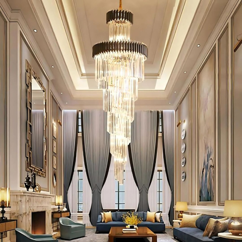 Candelabru Cristal CC900/700X2200, 34xE14, Diametru 70cm, Inaltime 220cm, Auriu Lucios si Negru, Inaltime Reglabila, Design Elegant [1]