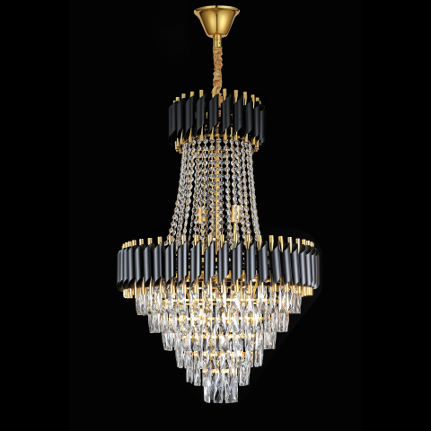Candelabre LED Cristal Moderne - Candelabru Cristal CC900/800X1200, 23xE14, Diametru 80cm, Inaltime 120cm, Auriu Lucios si Negru, Inaltime Reglabila, Design Elegant