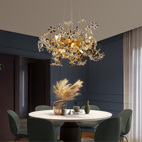 Candelabre LED Cristal Moderne - Candelabru Cristal CM325/600GD, 9x G9, Crom si Cristale , 55cm, Inaltime Reglabila