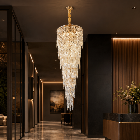 Lampi, Aplice si Corpuri de iluminat Smart - Candelabru Cristal COLLOSEUM, 100xE14, Diametru 100cm, Inaltime Reglabila, Metal si Cristal, Auriu