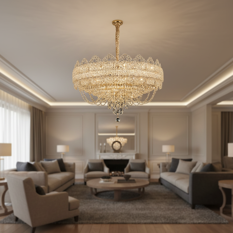 Produse Alessandro - Candelabru Cristal CROWN Regalis 21xE14, Diametru 80cm, Inaltime 45cm, Auriu Lucios, Inaltime Reglabila, Design Elegant